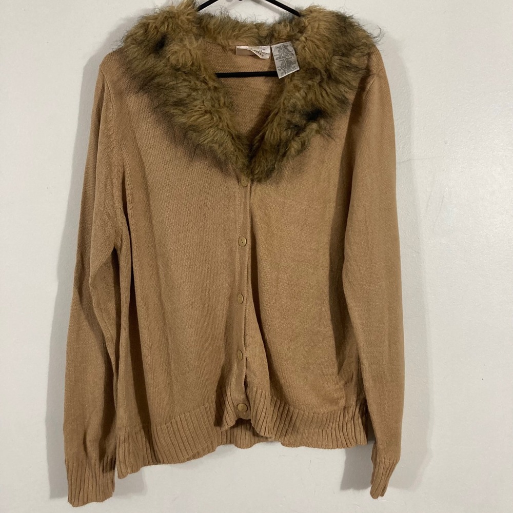 Kathie Lee Collection Cardigan Womens L Tan Faux Fur Collar KLF01-350